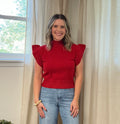 Mock Neck Ruffle Sweater: Red
