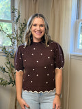 Scallop Polka Dot Sweater- Chocolate