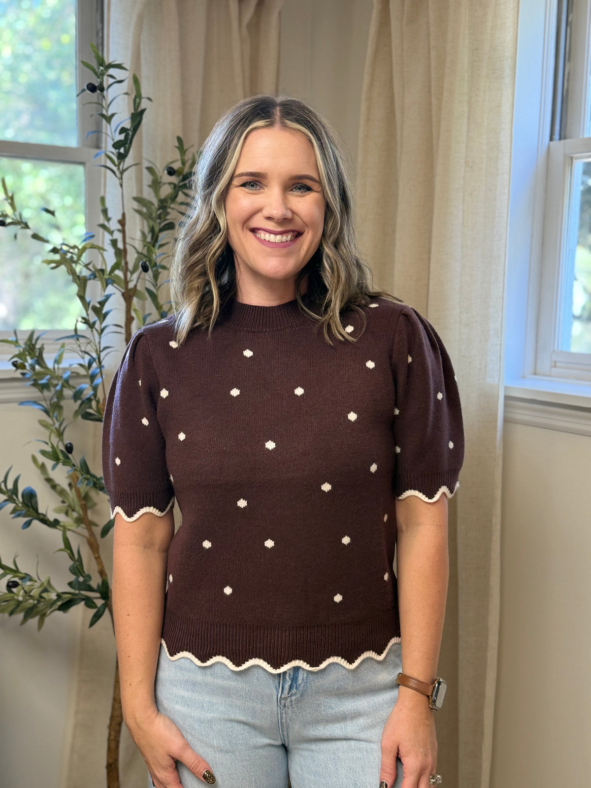 Scallop Polka Dot Sweater- Chocolate