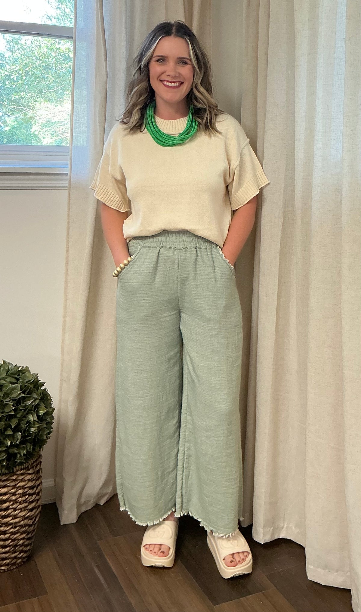 Umgee Soft Fringe Pants- Sage