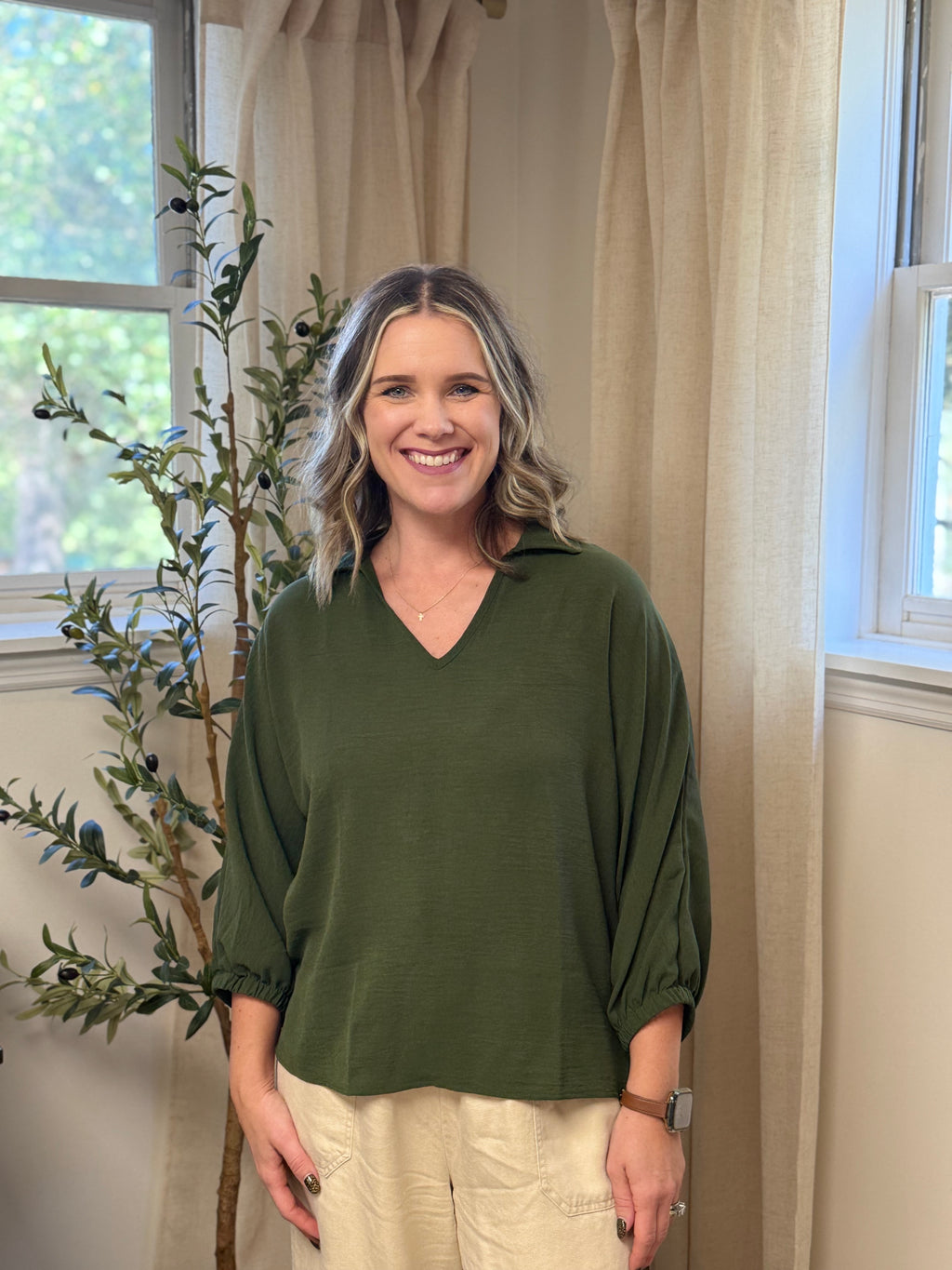 Olive Collar Pullover Top