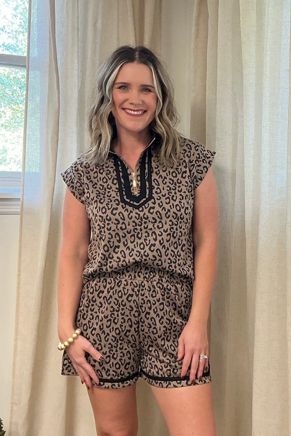 Zip Up Trim Short Set: Leopard