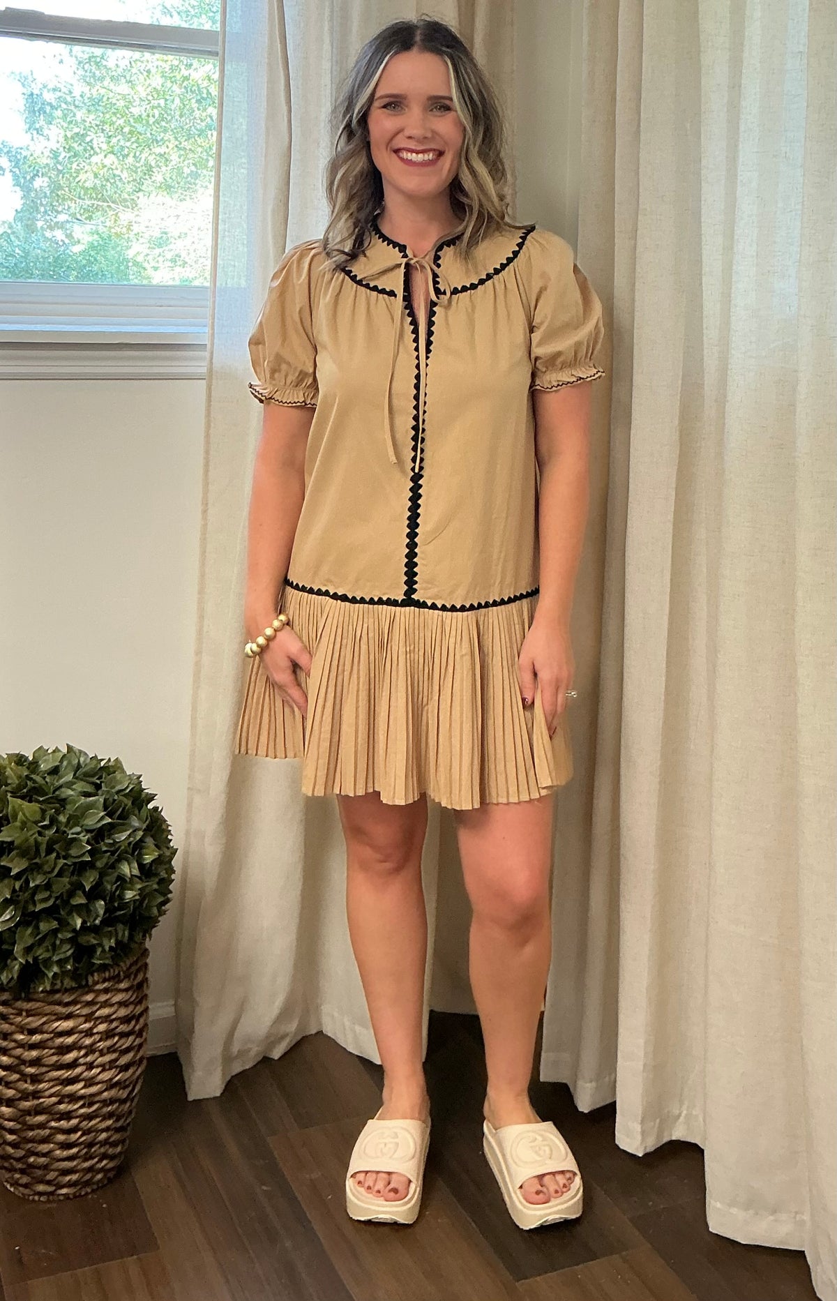 Tan/Black Pleated Dress