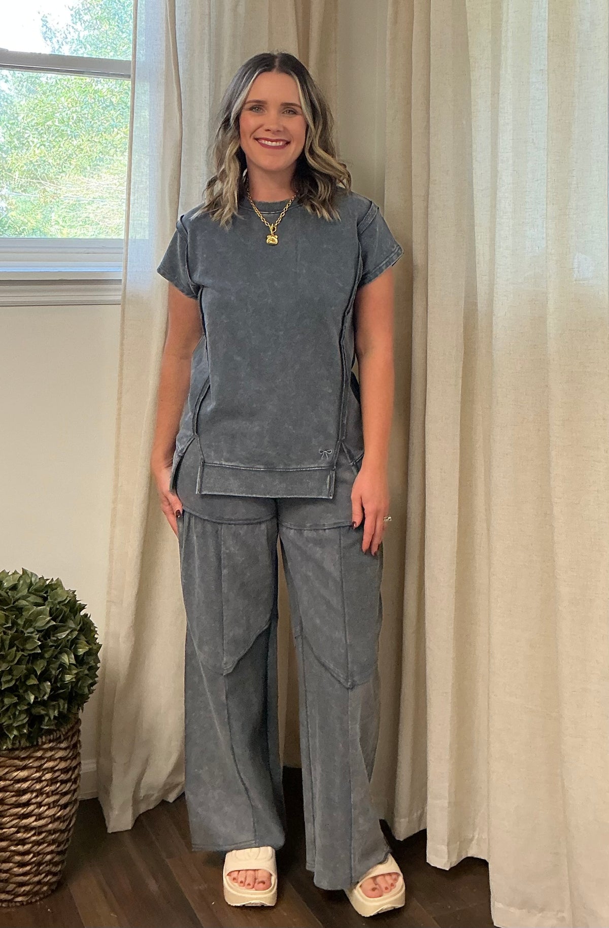 Simply Southern Mineral Wash Short Sleeve Set: Grey
