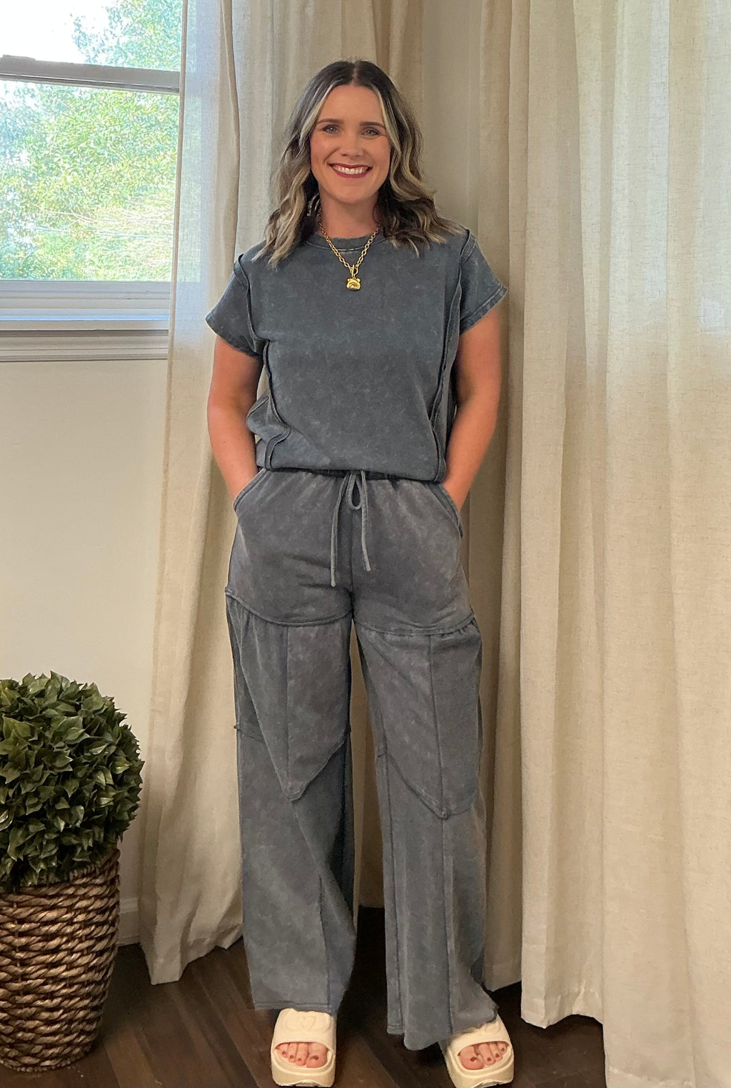 Simply Southern Mineral Wash Short Sleeve Set: Grey