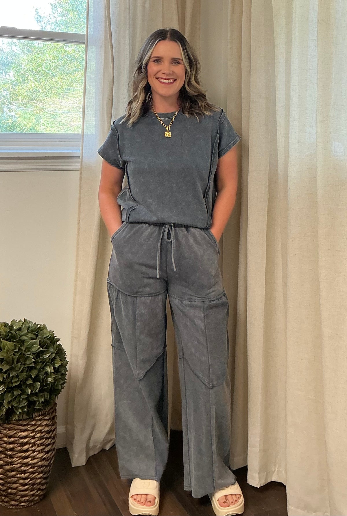Simply Southern Mineral Wash Short Sleeve Set: Grey