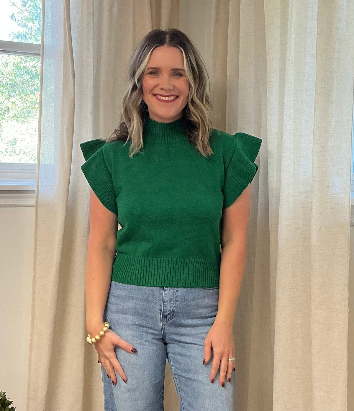 Mock Neck Ruffle Sweater: Green