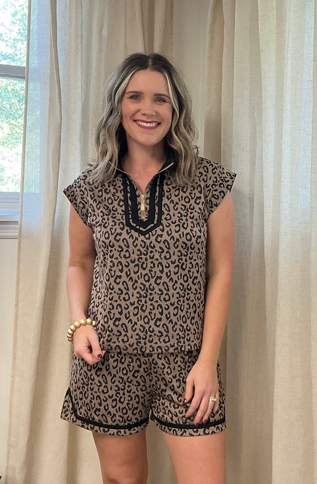 Zip Up Trim Short Set: Leopard
