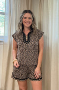 Zip Up Trim Short Set: Leopard