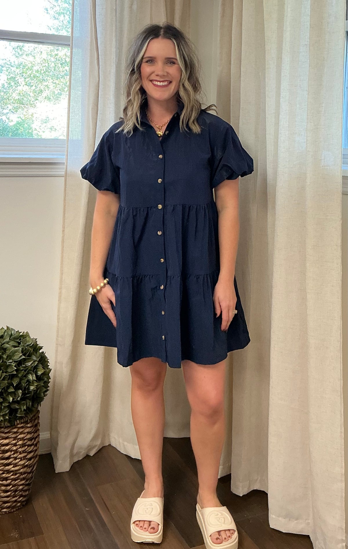 Navy Tier Button Down Dress