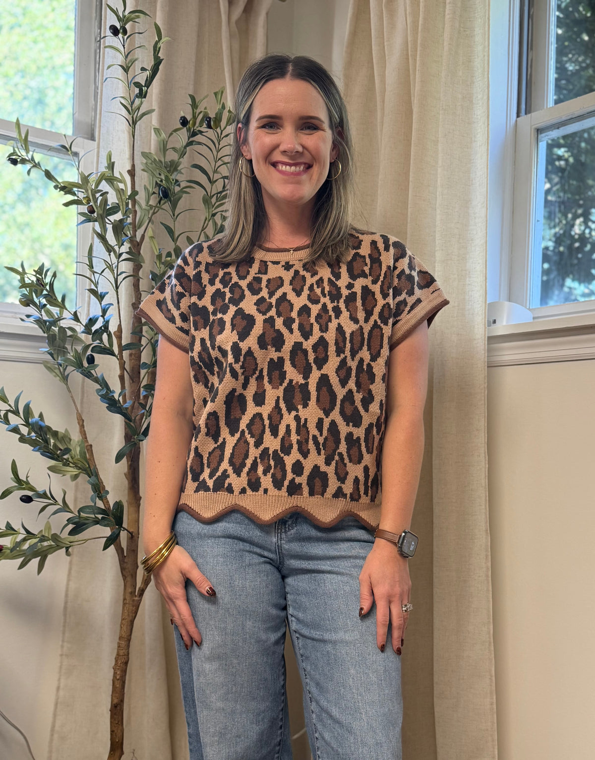 Tan Leopard Scallop Hem Sweater