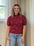 Polka Dot Scallop Sweater- Burgundy
